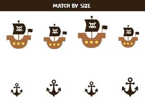 Matching game for preschool kids. Match pirate ships and anchors by size. vector