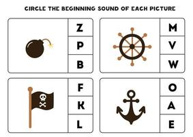 Worksheet for kids. Find the beginning sound of pirate elements. vector