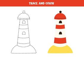 Trace and color lighthouse. Worksheet for children. vector