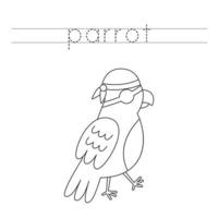 Trace the letters and color cute parrot. Handwriting practice for kids. vector