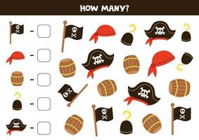 Counting game with flat pirate pictures. Math worksheet. vector