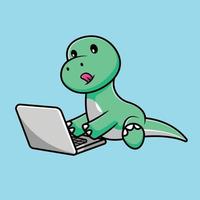 Cute Dinosaur Playing Computer Cartoon Vector Icon Illustration. Animal Technology Icon Concept Isolated Premium Vector.