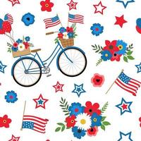 bicicleta floral americana patriótica con banderas y globos en patrones sin fisuras de colores nacionales sobre fondo blanco. aislado sobre fondo blanco. día de la independencia, diseño temático del 4 de julio. vector