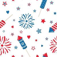 4th of July fireworks and sparklers on a white background. Independence Day decoration party design. Vector seamless pattern.