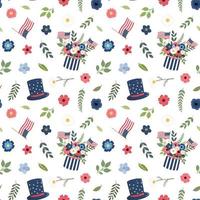 American Independence day floral seamless pattern with top hat, flags, flowers in national colors. Isolated on white background. 4th of July patriotic themed design. vector