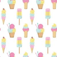 Cartoon tasty ice cream in pastel colors seamless pattern. Isolated on white background. Print with frozen creamy desserts, waffles cones. Sundae ice scoops vector texture, holiday paper