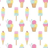 Cartoon tasty ice cream in pastel colors seamless pattern. Isolated on white background. Print with frozen creamy desserts, waffles cones. Sundae ice scoops vector texture, holiday paper