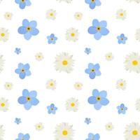 Floral pattern with white and blue flowers. Isolated on a white background. Seamless vector pattern for design and fashion prints. Ditsy style. Spring bouquet.