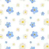 Floral pattern with white and blue flowers. Isolated on a white background. Seamless vector pattern for design and fashion prints. Ditsy style. Spring bouquet.