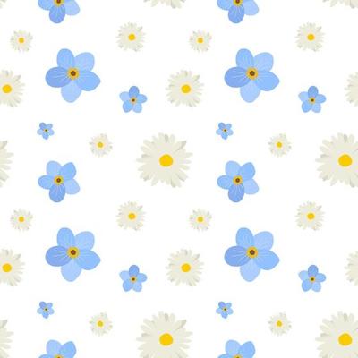 Floral pattern with white and blue flowers. Isolated on a white background. Seamless vector pattern for design and fashion prints. Ditsy style. Spring bouquet.