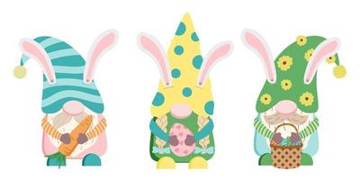 Cute dwarfs holding a basket of Easter eggs, carrot, and egg. Vector illustration in cartoon style. Isolated on white background, for the Easter holiday.