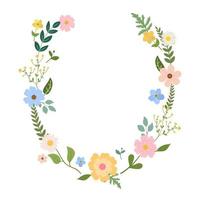 Round floral wreath with cute flowers and leaves. Vector illustration for greeting cards, posters, invitations, art prints, baby shower, wedding.