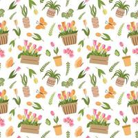 Spring floral pattern with pink, yellow, orange tulips and plants in crates, baskets, pots, butterflies. Isolated on white background. Spring gardening background. vector