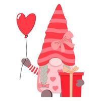 Cute cartoon Valentine gnome girl holding heart balloon and gift box with bow. Vector clipart. Isolated on white background. Design for card, print, poster.