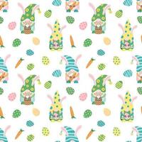 Easter seamless pattern with holiday dwarfs, eggs, carrots. Vector illustration in cartoon style. Isolated on white background.