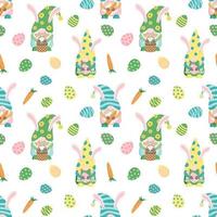 Easter seamless pattern with holiday dwarfs, eggs, carrots. Vector illustration in cartoon style. Isolated on white background.