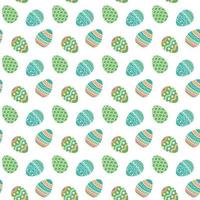 Cartoon Easter eggs with stripes, dots, hearts and flowers. Vector seamless pattern. Isolated on white background. Holiday background for fabric, scrapbooking, gift wrap, wallpaper.