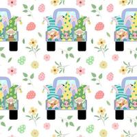 Cartoon Easter seamless pattern with holiday dwarfs on truck, flowers, leaves, color eggs. Vector illustration in cartoon style. Isolated on white background. Festive wrapping paper design.