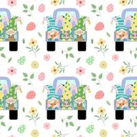 Cartoon Easter seamless pattern with holiday dwarfs on truck, flowers, leaves, color eggs. Vector illustration in cartoon style. Isolated on white background. Festive wrapping paper design.