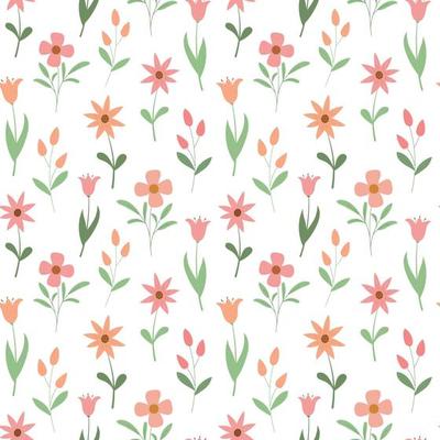 Cartoon spring floral seamless pattern with cute color meadow flowers. Isolated on white background. Design for wallpaper, textile.