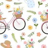 Linda bicicleta floral de primavera de dibujos animados, jarra con flores y ramas, sombrero. aislado sobre fondo blanco. impresión de jardín botánico para diseño textil, tarjetas. vector