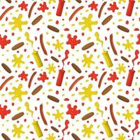 Sausage and burger patties, splashes of mustard and ketchup in plastic bottles seamless pattern. Isolated on a white background. vector