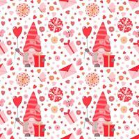 Cartoon romantic Valentine day gnome girl with balloon, gift boxes, envelopes seamless pattern. Isolated on white background. vector