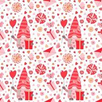 Cartoon romantic Valentine day gnome girl with balloon, gift boxes, envelopes seamless pattern. Isolated on white background. vector