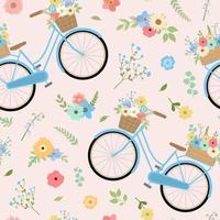 Retro style blue bicycles with flower bouquets seamless pattern. Spring romantic background design. vector