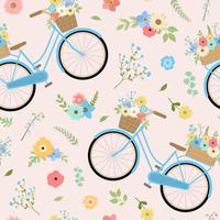 bicicletas azules de estilo retro con patrones sin fisuras de ramos de flores. diseño de fondo romántico de primavera. vector