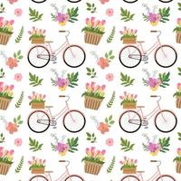 Vintage style pattern with floral bicycle and pretty pink, yellow flowers. Isolated on white background. Cute and romantic botanical garden print for textile design, cards. vector