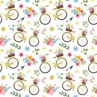 Vintage yellow bicycle with colorful spring flower bouquets seamless pattern. Isolated on white background. Romantic spring design for background, textile. vector