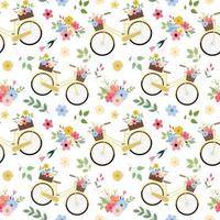 Vintage yellow bicycle with colorful spring flower bouquets seamless pattern. Isolated on white background. Romantic spring design for background, textile. vector