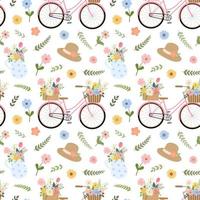 Vintage style pattern with floral bicycle, pitcher with flowers and branches, hat. Isolated on white background. Romantic botanical garden print for textile design, cards. vector