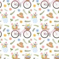 Vintage style pattern with floral bicycle, pitcher with flowers and branches, hat. Isolated on white background. Romantic botanical garden print for textile design, cards. vector