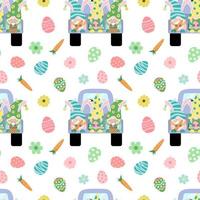 Easter seamless pattern with colorful holiday dwarfs, eggs, carrots, flowers. Vector illustration in flat cartoon style. Isolated on white background.