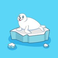 Cartoon cute harp seal sitting on a floating ice floe. Animal vector illustration