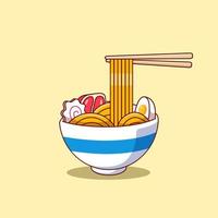Cute cartoon ramen noodles topped with boiled meat and egg. Asian food cartoon. Vector illustration