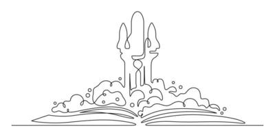 dibujo de una línea de nave espacial de cohetes y graduación de libros para sueños, imaginación, creatividad conceptual. vector