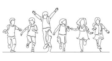 continuous line drawing of happiness little students group enjoy school finish vector