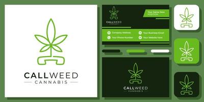 llamada cannabis teléfono botánico hierba planta droga eco hoja naturaleza vector logo diseño con tarjeta de visita
