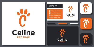 Initial Letter C Footprint Pet Paw Animal Foot Walk Cat Dog Vector Logo Design with Business Card