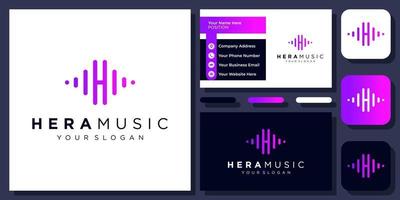 Initial Letter H Sound Music Audio Wave Pulse Line Simple Vector Logo Design with Business Card