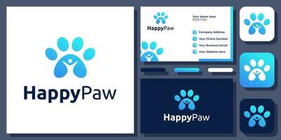 gente feliz pata huella animal cuidado de mascotas amor perro gato vector logo diseño con tarjeta de visita
