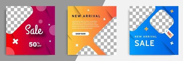 Three set of sale square banner. Abstract gradient modern geometric design style template. Suitable for advertising and promotion in social media post,blog, web. vector