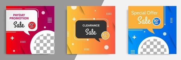 Three set of sale square banner. Abstract gradient modern geometric design style template. Suitable for advertising and promotion in social media post,blog, web. vector