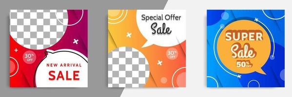 Three set of sale square banner. Abstract gradient modern geometric design style template. Suitable for advertising and promotion in social media post,blog, web. vector