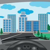 Behind the wheel of a car with a great view of the city, houses, cyclist, traffic lights and trees. An intersection in the center of the metropolis. Sity street scene. vector