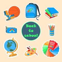 A localized collection of stickers with school supplies and stationery. Backpack, books, globe, ball, pencils and paints. Colorful vector illustration. No people.