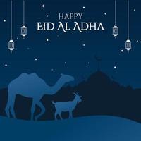 Happy Eid Al-Adha vector illustration. Muslim holiday Eid al-Adha with silhouette background.